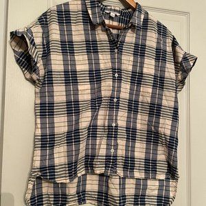 LL Bean Signature Short Sleeve Button Down Camp Shirt, Blue & Pale Pink - Size L